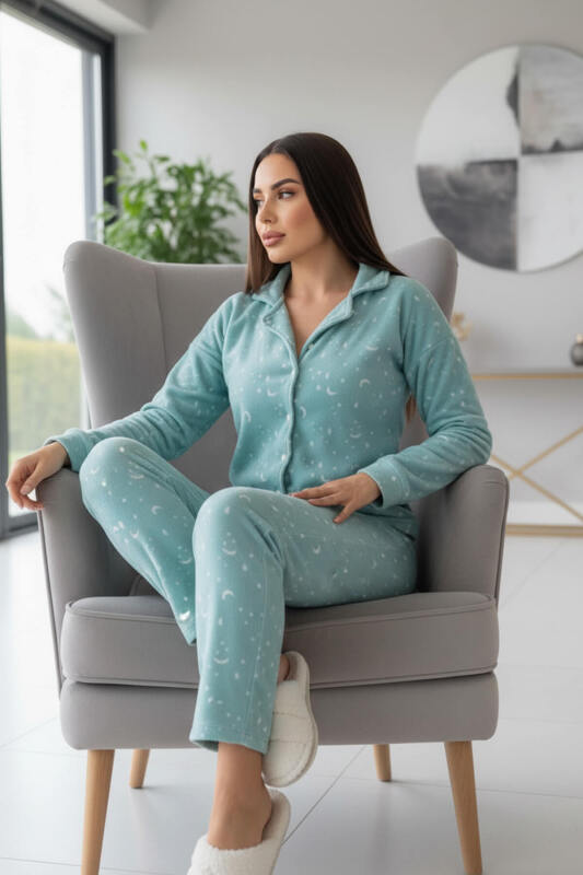 Mint Moon Stars Desenli Önden Düğmeli Peluş Polar Pijama Takımı - Pijamaevi (1)