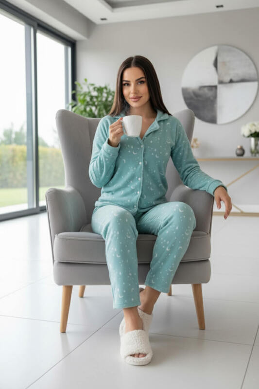 Mint Moon Stars Desenli Önden Düğmeli Peluş Polar Pijama Takımı - Pijamaevi (2)