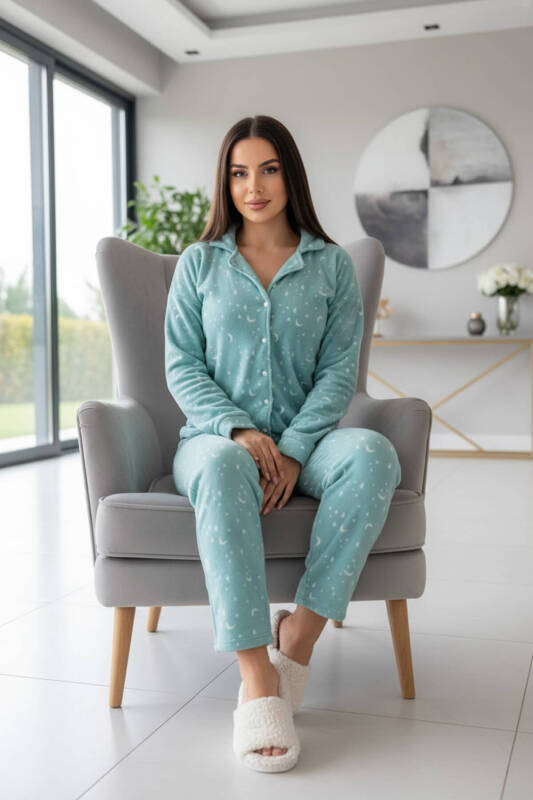 Mint Moon Stars Desenli Önden Düğmeli Peluş Polar Pijama Takımı - Pijamaevi (3)