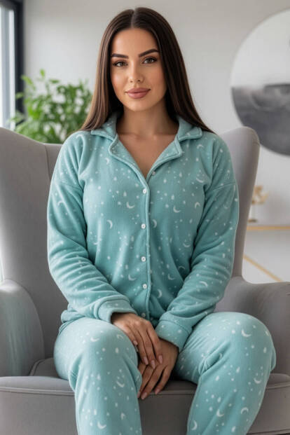 Mint Moon Stars Desenli Önden Düğmeli Peluş Polar Pijama Takımı - 6