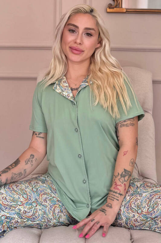 Mint Paisley Exclusive Önden Düğmeli Kadın Pijama Takımı - Pijamaevi