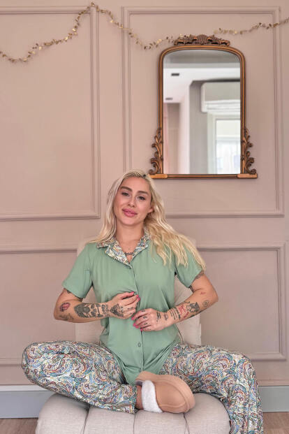 Mint Paisley Exclusive Önden Düğmeli Kadın Pijama Takımı - 2