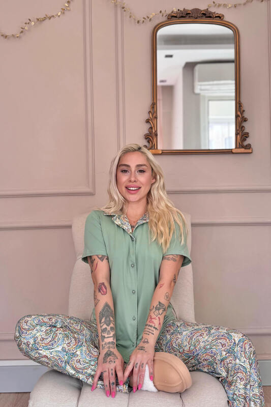 Mint Paisley Exclusive Önden Düğmeli Kadın Pijama Takımı - Pijamaevi (2)