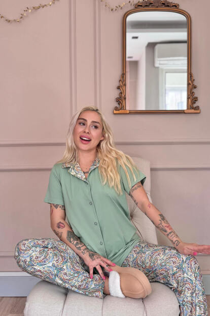 Mint Paisley Exclusive Önden Düğmeli Kadın Pijama Takımı - 4