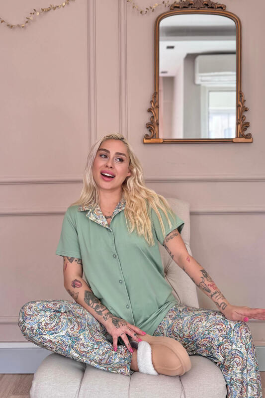 Mint Paisley Exclusive Önden Düğmeli Kadın Pijama Takımı - Pijamaevi (3)