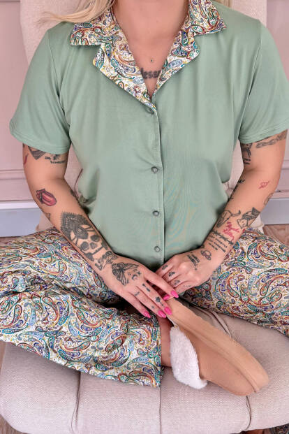 Mint Paisley Exclusive Önden Düğmeli Kadın Pijama Takımı - 5