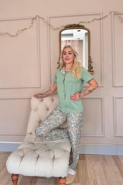 Mint Paisley Exclusive Önden Düğmeli Kadın Pijama Takımı - 6