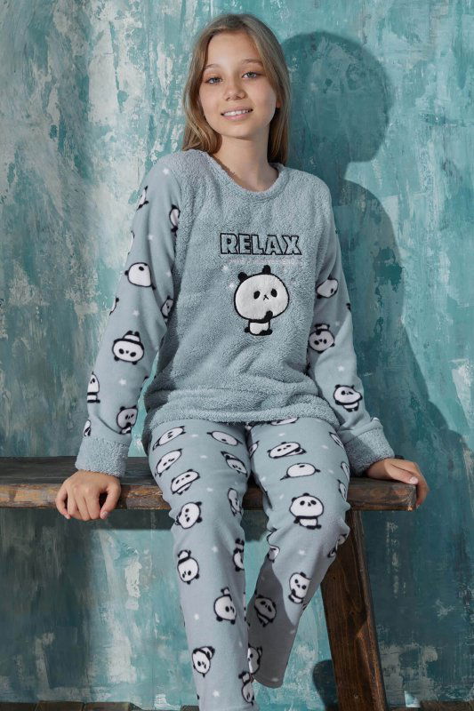 Mint Relax Panda Desenli Kız Çocuk Peluş Pijama Takım - Pijamaevi