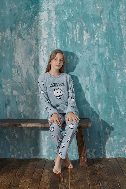 Mint Relax Panda Desenli Kız Çocuk Peluş Pijama Takım - Pijamaevi (1)