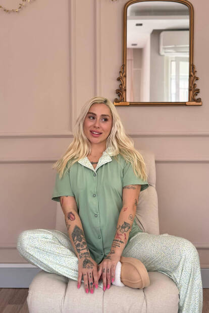 Mint Serenity Exclusive Önden Düğmeli Kadın Pijama Takımı - 3