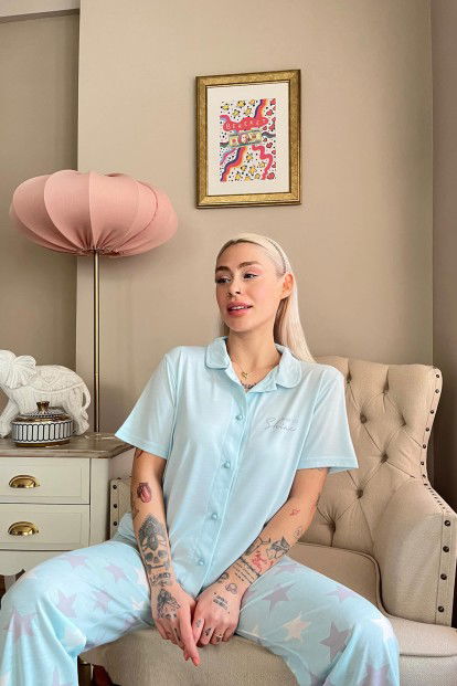 Mint Shine Baskılı Örme Önden Düğmeli Kısa Kol Kadın Pijama - 3