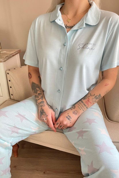 Mint Shine Baskılı Örme Önden Düğmeli Kısa Kol Kadın Pijama - 4