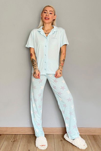 Mint Shine Baskılı Örme Önden Düğmeli Kısa Kol Kadın Pijama - 5