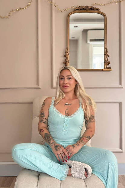 Mint Sogno Örme Dantel Askılı Kadın Pijama Takımı - 2