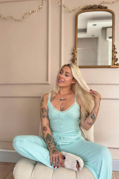 Mint Sogno Örme Dantel Askılı Kadın Pijama Takımı - 3