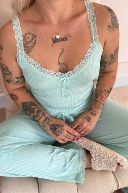 Mint Sogno Örme Dantel Askılı Kadın Pijama Takımı - 4