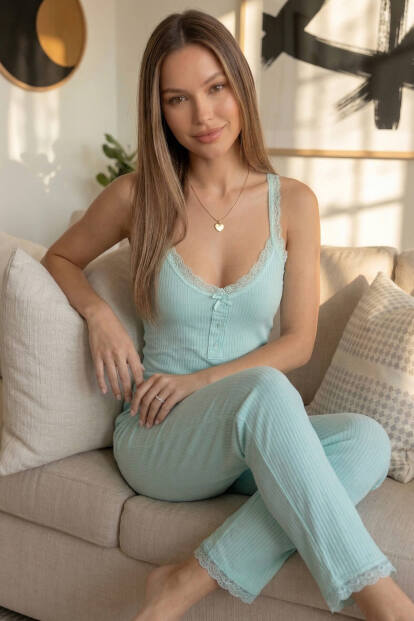 Mint Sogno Örme Dantel Askılı Kadın Pijama Takımı - 2