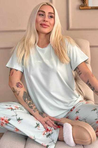 Mint Spring is My Life Çiçek Desenli Kısa Kollu Örme Kadın Pijama Takımı - 7