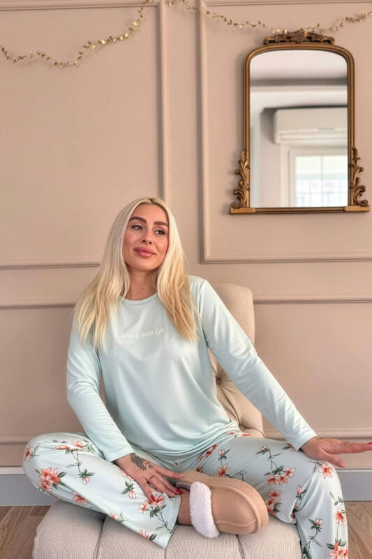 Mint Spring is My Life Çiçek Desenli Uzun Kollu Bambu Örme Kadın Pijama Takımı - Pijamaevi (3)