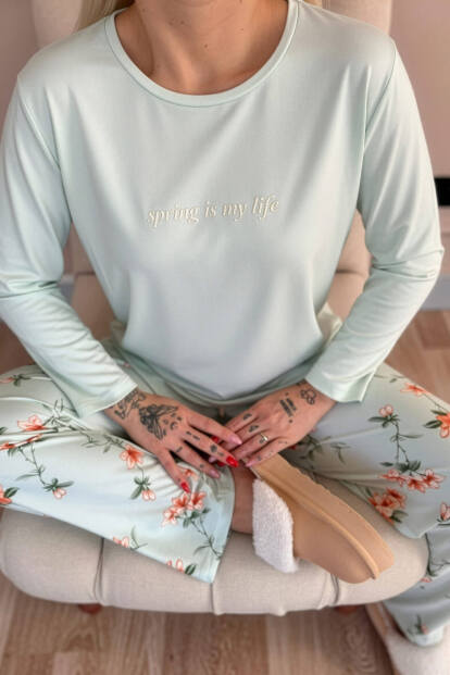 Mint Spring is My Life Çiçek Desenli Uzun Kollu Bambu Örme Kadın Pijama Takımı - 5