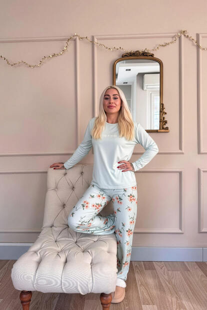 Mint Spring is My Life Çiçek Desenli Uzun Kollu Bambu Örme Kadın Pijama Takımı - 6