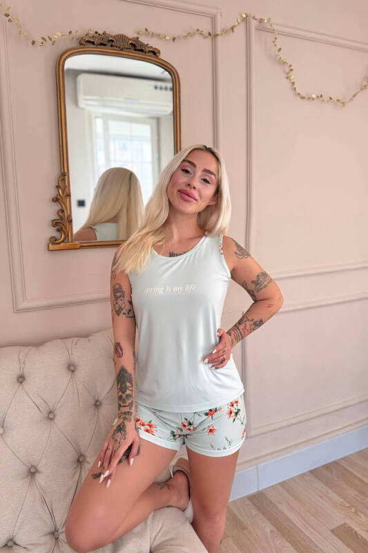 Mint Spring is My Life Desenli Sıfır Kol Şortlu Örme Kadın Pijama Takımı - Pijamaevi (1)