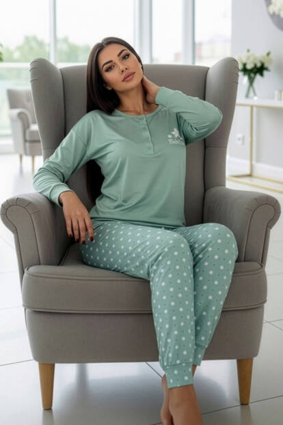 Mint Winter Dream Desenli Uzun Kollu Bambu Örme Kadın Pijama Takımı - 3