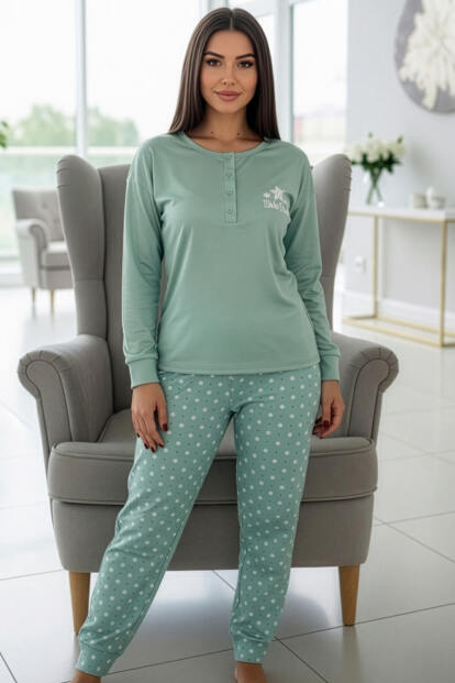 Mint Winter Dream Desenli Uzun Kollu Bambu Örme Kadın Pijama Takımı - 5