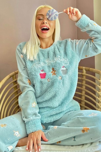 Mint Yeşili Baking Desenli Kadın Peluş Pijama Takımı - 6