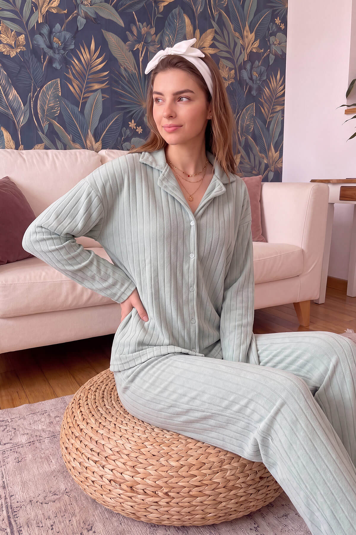 Mint Yeşili Düz Önden Düğmeli Peluş Polar Pijama Takımı - Pijamaevi (1)