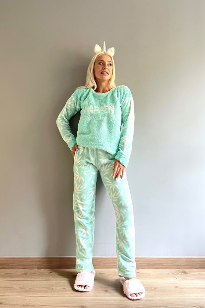 Mint Yeşili Happen Desenli Kadın Peluş Pijama Takımı - 4
