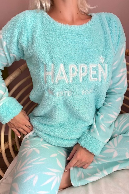 Mint Yeşili Happen Desenli Kadın Peluş Pijama Takımı - 5