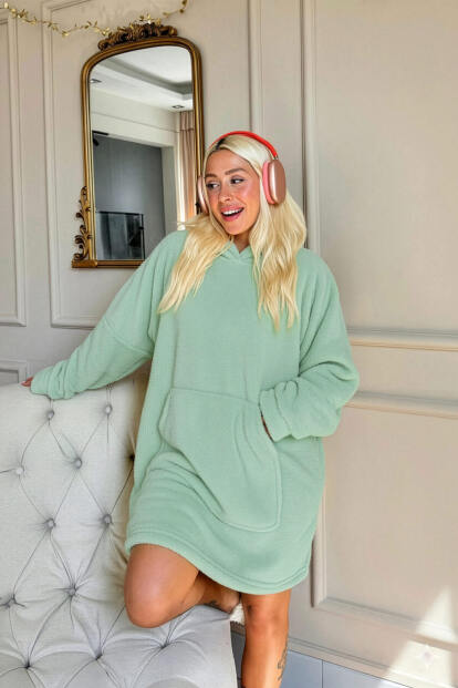 Mint Yeşili Kapşonlu Tam Peluş Oversize Sweat Panço Pijama - 3