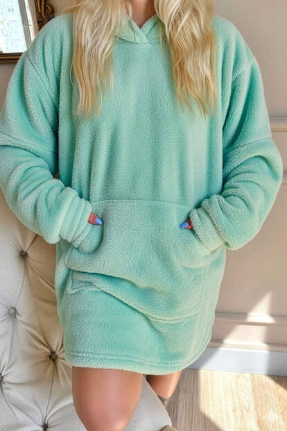 Mint Yeşili Kapşonlu Tam Peluş Oversize Sweat Panço Pijama - 5