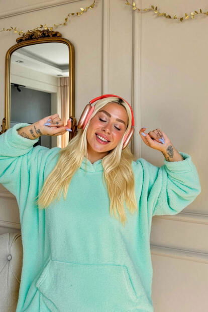 Mint Yeşili Kapşonlu Tam Peluş Oversize Sweat Panço Pijama - 6