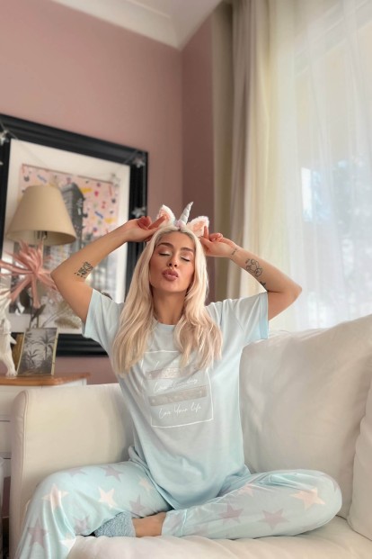 Mint Yeşili Love Life Baskılı Örme Kısa Kol Kadın Pijama Takımı - 2