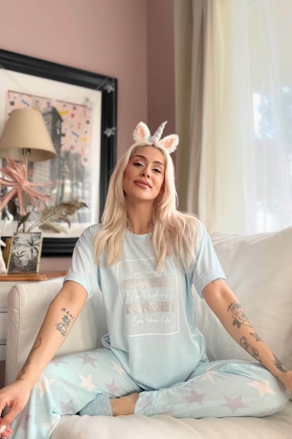 Mint Yeşili Love Life Baskılı Örme Kısa Kol Kadın Pijama Takımı - 3