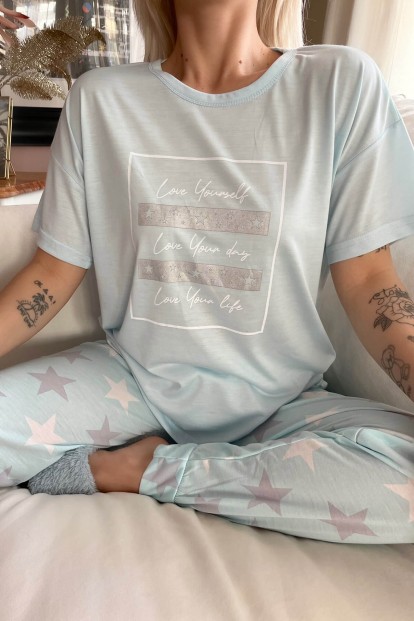 Mint Yeşili Love Life Baskılı Örme Kısa Kol Kadın Pijama Takımı - 4