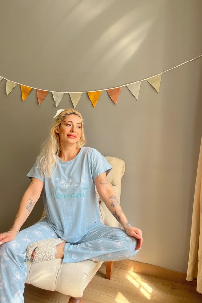 Mint Yeşili Moment Baskılı Kısa Kollu Kadın Pijama Takımı - 3