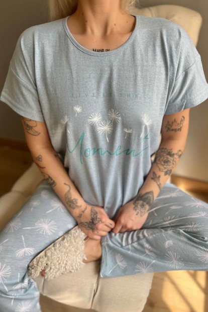Mint Yeşili Moment Baskılı Kısa Kollu Kadın Pijama Takımı - 4