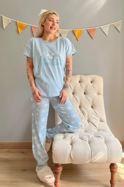 Mint Yeşili Moment Baskılı Kısa Kollu Kadın Pijama Takımı - 5