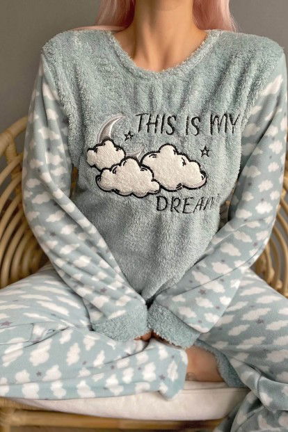 Mint Yeşili Moon Cloud Desenli Kadın Peluş Pijama Takımı - 4
