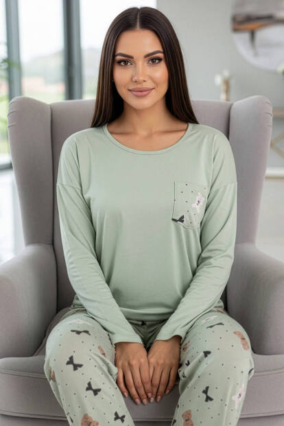 Mint Yeşili Rabbit Bear Desenli Uzun Kollu Bambu Örme Kadın Pijama Takımı - 2