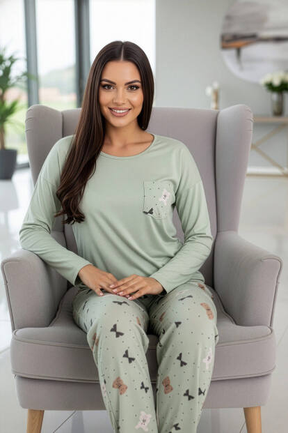 Mint Yeşili Rabbit Bear Desenli Uzun Kollu Bambu Örme Kadın Pijama Takımı - 3