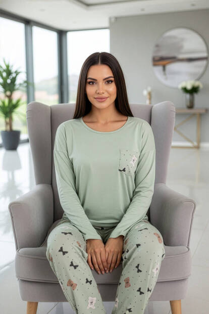 Mint Yeşili Rabbit Bear Desenli Uzun Kollu Bambu Örme Kadın Pijama Takımı - 4