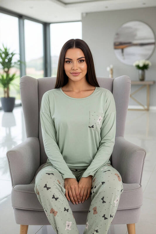 Mint Yeşili Rabbit Bear Desenli Uzun Kollu Bambu Örme Kadın Pijama Takımı - Pijamaevi (3)