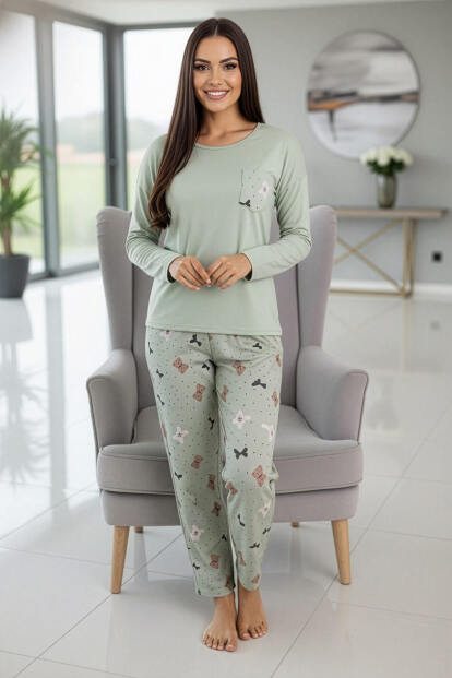 Mint Yeşili Rabbit Bear Desenli Uzun Kollu Bambu Örme Kadın Pijama Takımı - 5