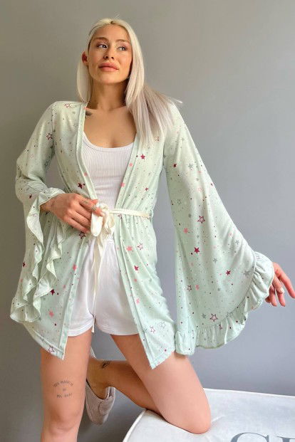 Mint Yeşili Yıldız Desenli Kadın Kimono Sabahlık - 1