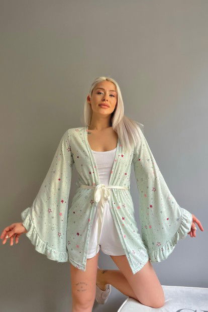 Mint Yeşili Yıldız Desenli Kadın Kimono Sabahlık - 3