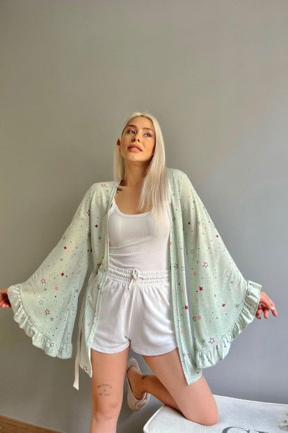 Mint Yeşili Yıldız Desenli Kadın Kimono Sabahlık - 4